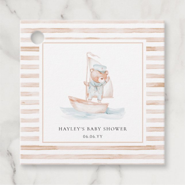 Sailor Bear Tan Stripe Babydusche Geschenkanhänger (Vorderseite)