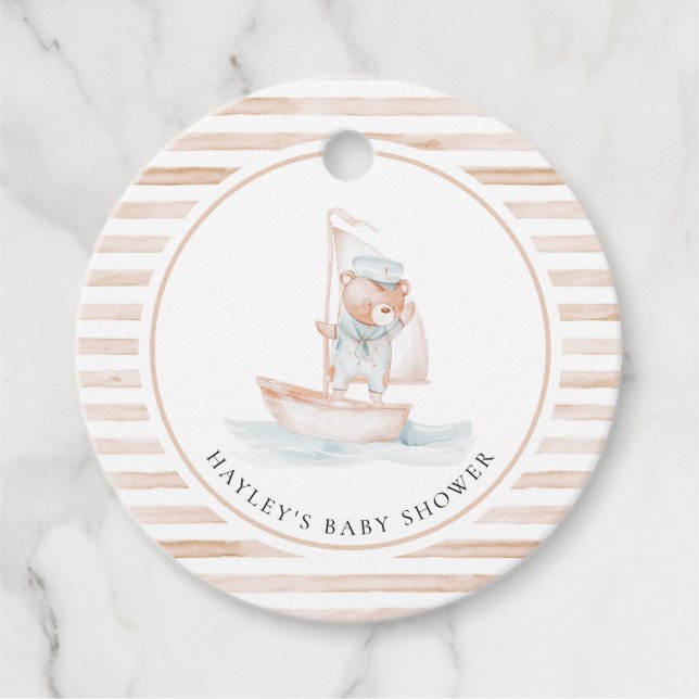 Sailor Bear Tan Stripe Babydusche Geschenkanhänger (Vorderseite)
