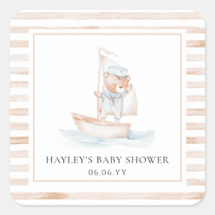 Sailor Bear Tan Stripe Babydusche Quadratischer Aufkleber