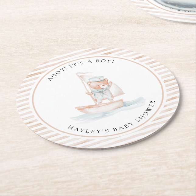 Sailor Bear Tan Stripe Babydusche Runder Pappuntersetzer (Angewinkelt)