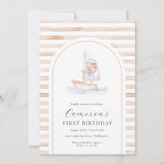 Sailor Bear Tan Stripe Erster Geburtstagsbogen Einladung