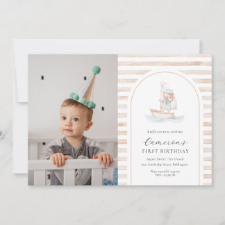 Sailor Bear Tan Stripe Foto Erster Geburtstag Einladung