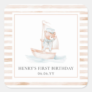 Sailor Bear Tan Stripe Geburtstag Quadratischer Aufkleber