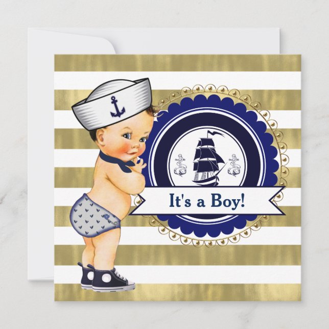 Sailor Boy Nautical Baby Dusche Einladung (Vorderseite)