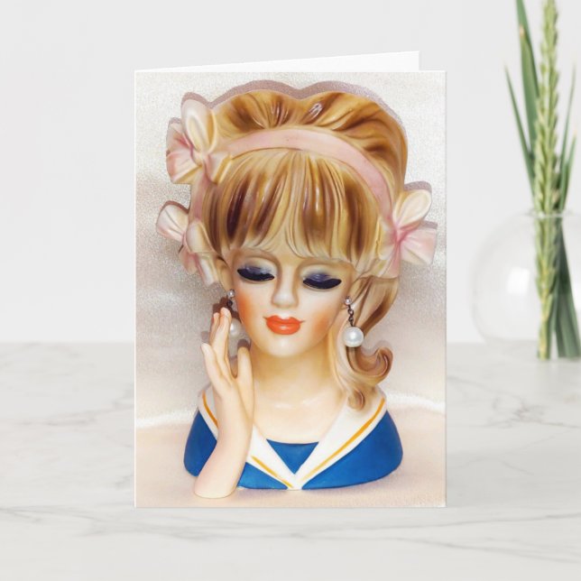 Sailor Girl Head Vase Pink Bows Long Blonde Hair Karte (Vorderseite)