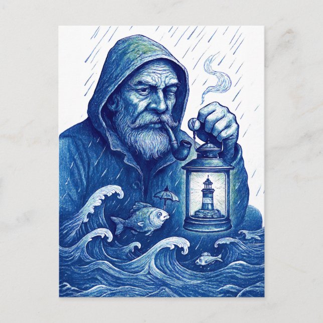 Sailor Holding Lantern While Fish Holds Umbrella Postkarte (Vorderseite)