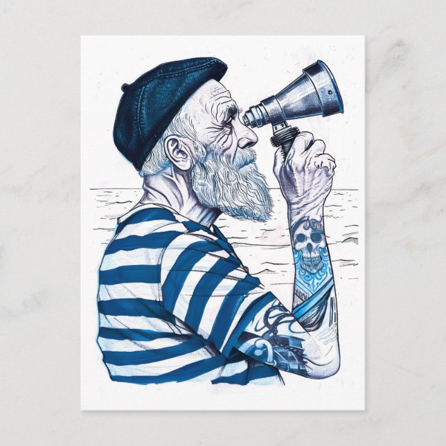 Sailor Looking Through Telescope Toward Distant Ho Postkarte (Vorderseite)