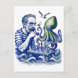 Sailor Playing Chess With Large Curious Octopus Postkarte