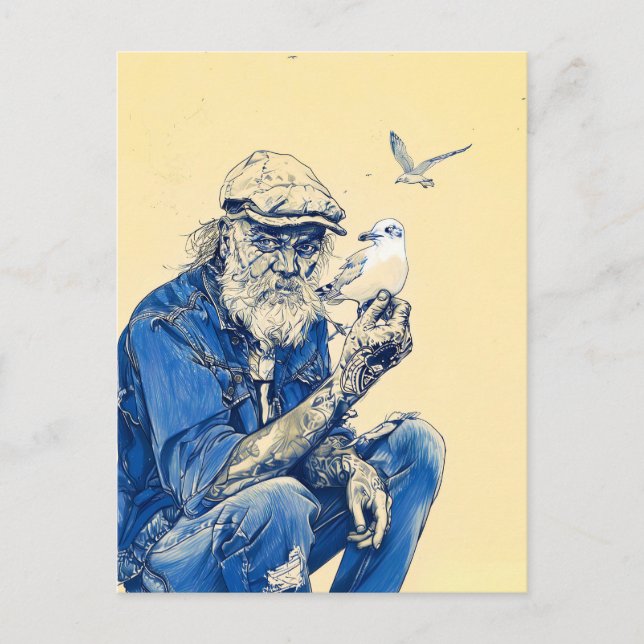 Sailor Sitting Calmly Surrounded By Several Birds Postkarte (Vorderseite)