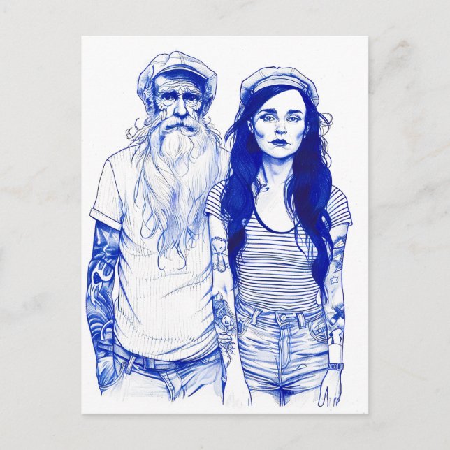 Sailor Standing Beside Tattooed Woman In Portrait Postkarte (Vorderseite)