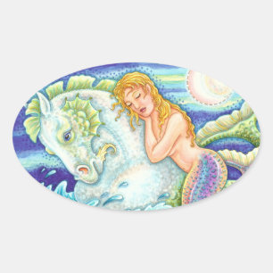 SAILOR'S FANTASY MERMAID RIDING MERHORSE, SEEPFERD OVALER AUFKLEBER