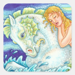 SAILOR'S FANTASY MERMAID RIDING MERHORSE, SEEPFERD QUADRATISCHER AUFKLEBER