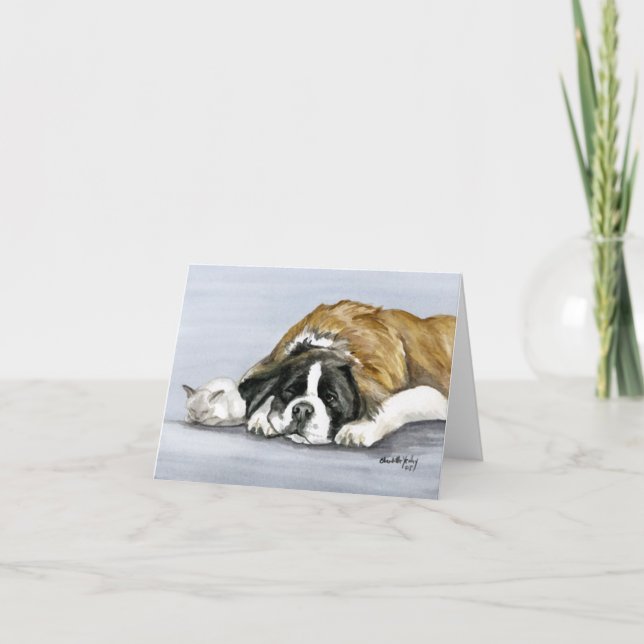 "Saint Bernard and Kitten" Dog Art Notecard Karte (Vorderseite)