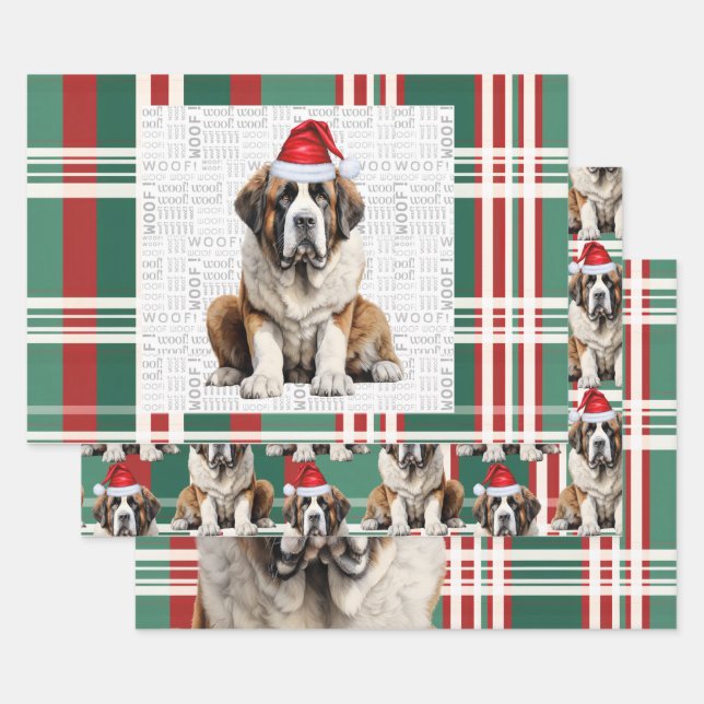 Saint Bernard Christmas Dog Red Green Plaid Geschenkpapier Set (Set)