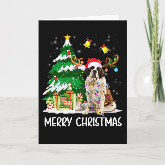 Saint Bernard Christmas Lights Tree Santa Xmas Paj Karte (Vorderseite)