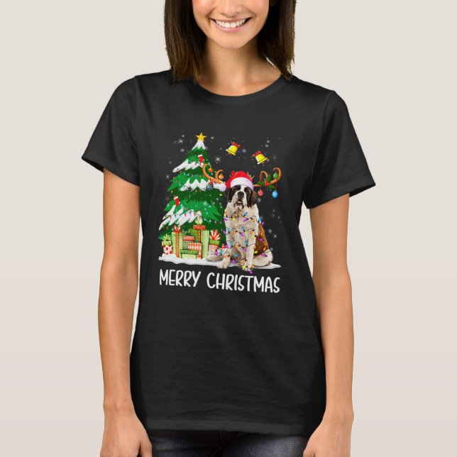Saint Bernard Christmas Lights Tree Santa Xmas Paj T-Shirt (Vorderseite)