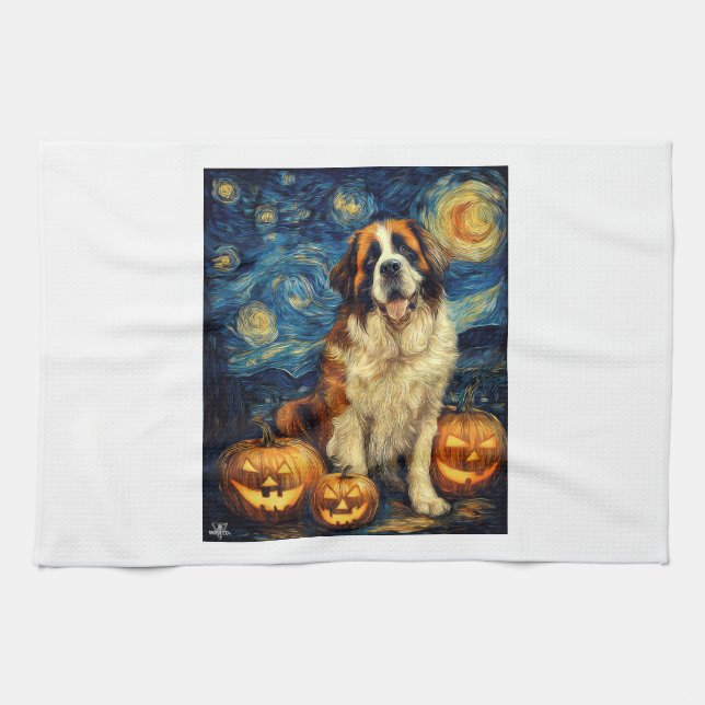 Saint Bernard Cute Dog Halloween Jack O Lantern Pu Geschirrtuch (Horizontal)