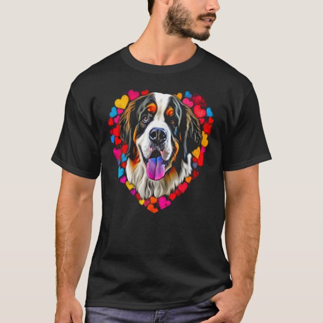 Saint Bernard Dog Blue Red Heart Love T-Shirt (Vorderseite)