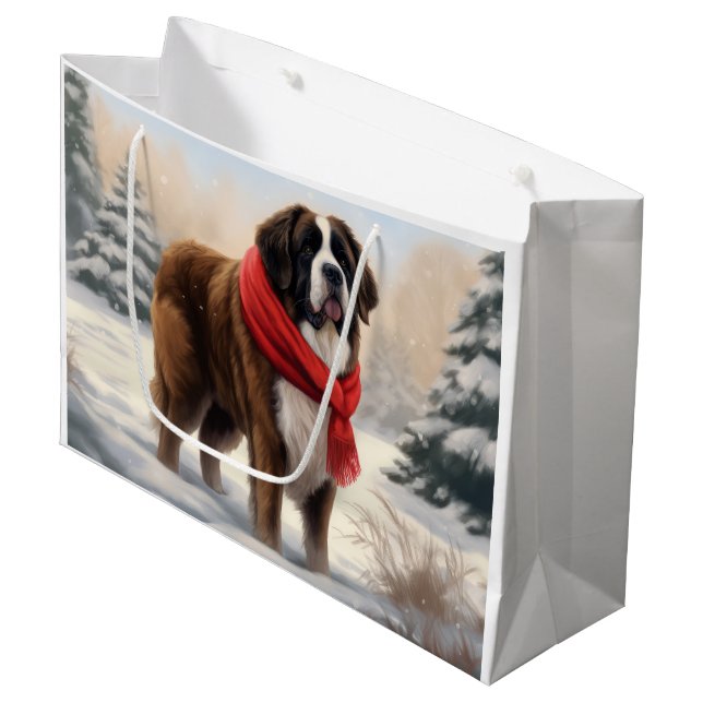 Saint Bernard Dog im Schnee Weihnachten Große Geschenktüte (Vorderseite Schrägansicht)