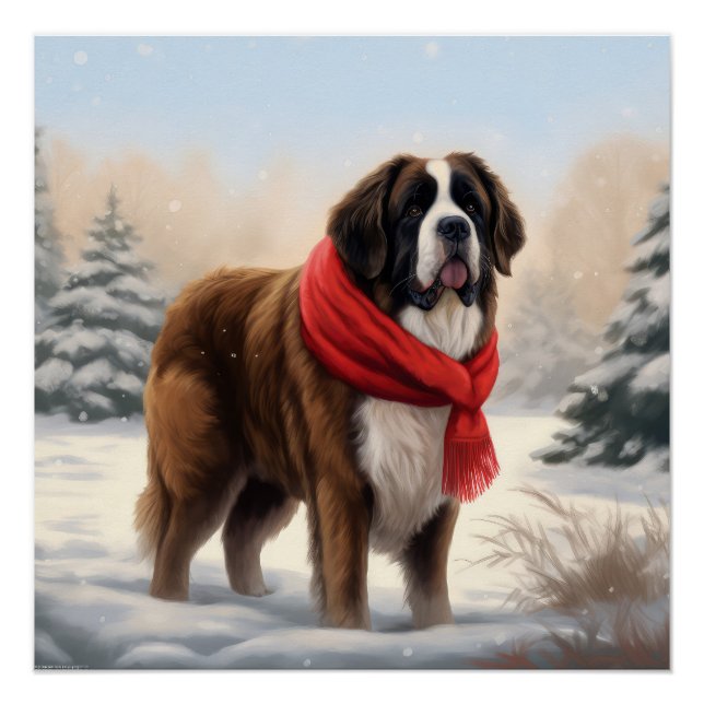 Saint Bernard Dog im Schnee Weihnachten Poster (Vorderseite)