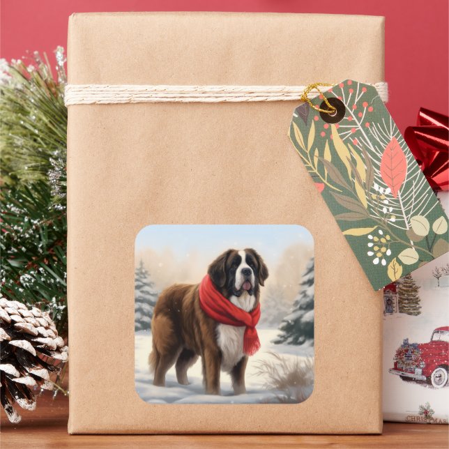 Saint Bernard Dog im Schnee Weihnachten Quadratischer Aufkleber (Feiertag)