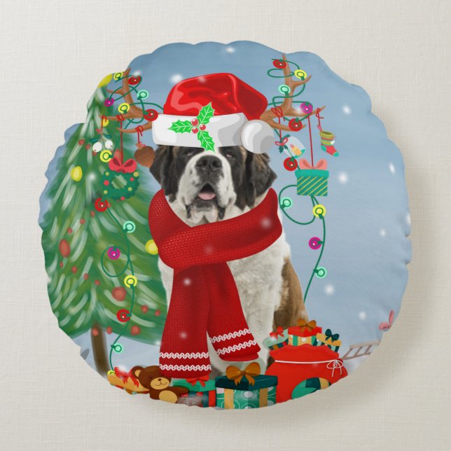 Saint Bernard Dog im Schnee Weihnachten Rundes Kissen (Vorderseite)