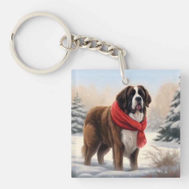 Saint Bernard Dog im Schnee Weihnachten Schlüsselanhänger (Vorderseite)
