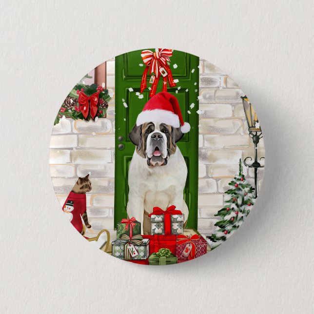 Saint Bernard Dog Weihnachten Button (Vorderseite)