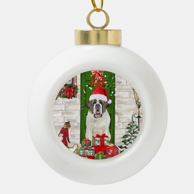 Saint Bernard Dog Weihnachten Keramik Kugel-Ornament (Vorderseite)