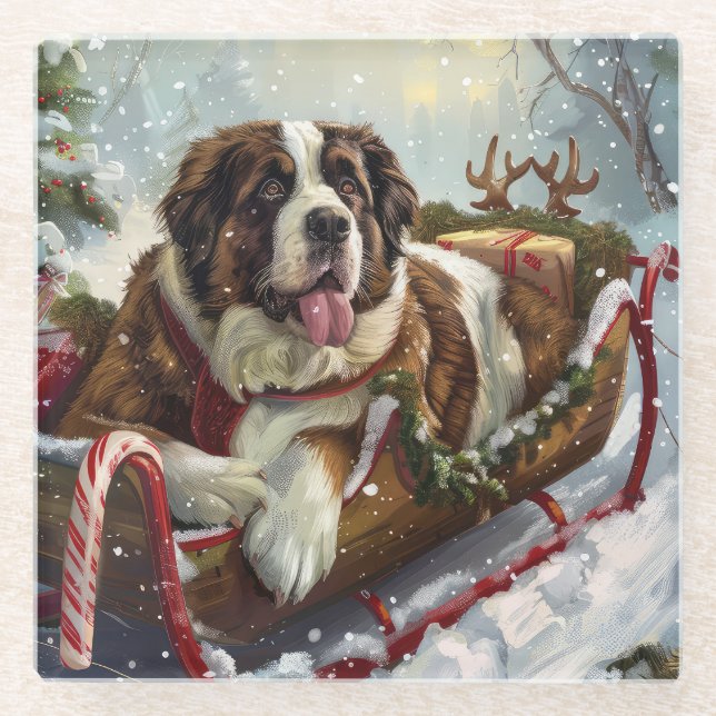 Saint Bernard Dog Weihnachtsfest Glasuntersetzer (Vorderseite)