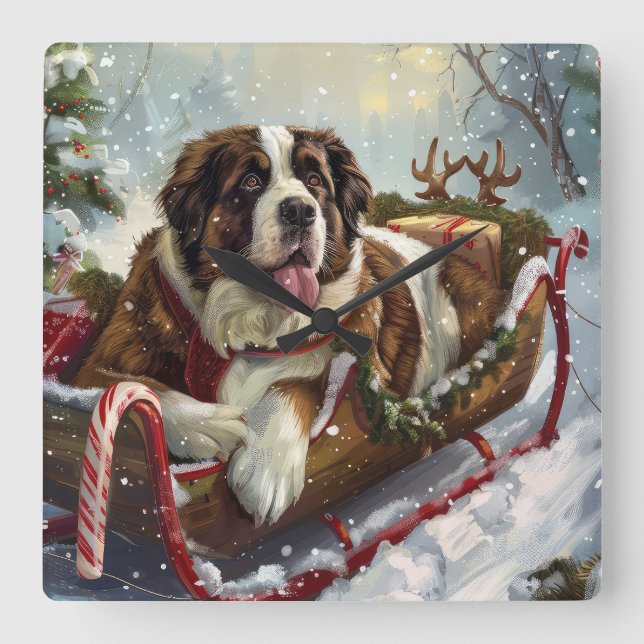 Saint Bernard Dog Weihnachtsfest Quadratische Wanduhr (Vorderseite)