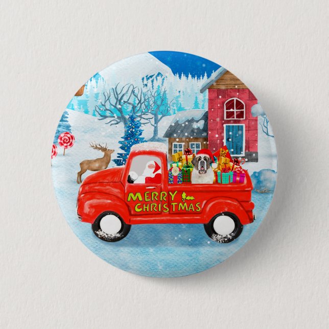 Saint Bernard Dog Weihnachtswagen Schnee Button (Vorderseite)