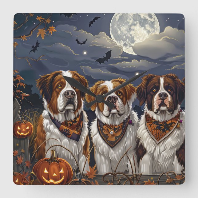 Saint Bernard Halloween Spooky Quadratische Wanduhr (Vorderseite)