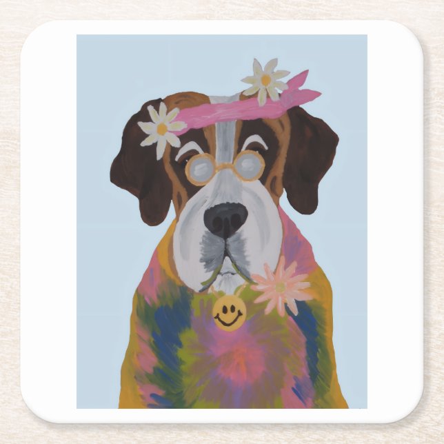 Saint Bernard Hippie Rechteckiger Pappuntersetzer (Vorderseite)