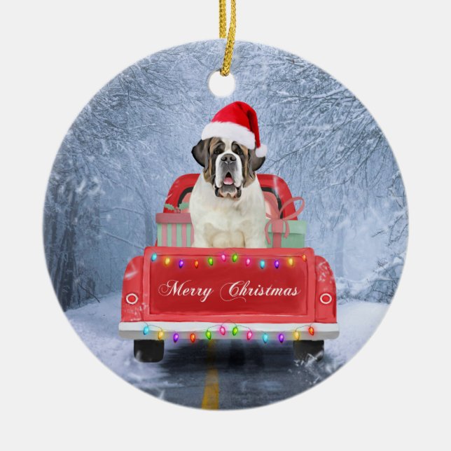 Saint Bernard Hund im Schnee sitzen Weihnachtswage Keramik Ornament (Vorne)