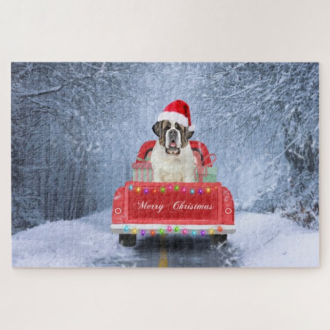 Saint Bernard Hund im Schnee sitzen Weihnachtswage Puzzle (Horizontal)