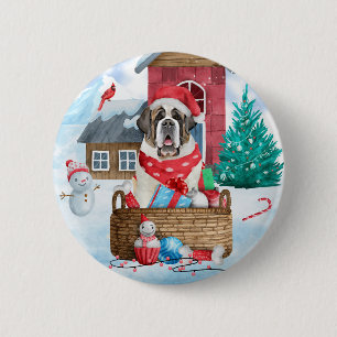 Saint Bernard Hund im Schnee Weihnachtshundehaus Button