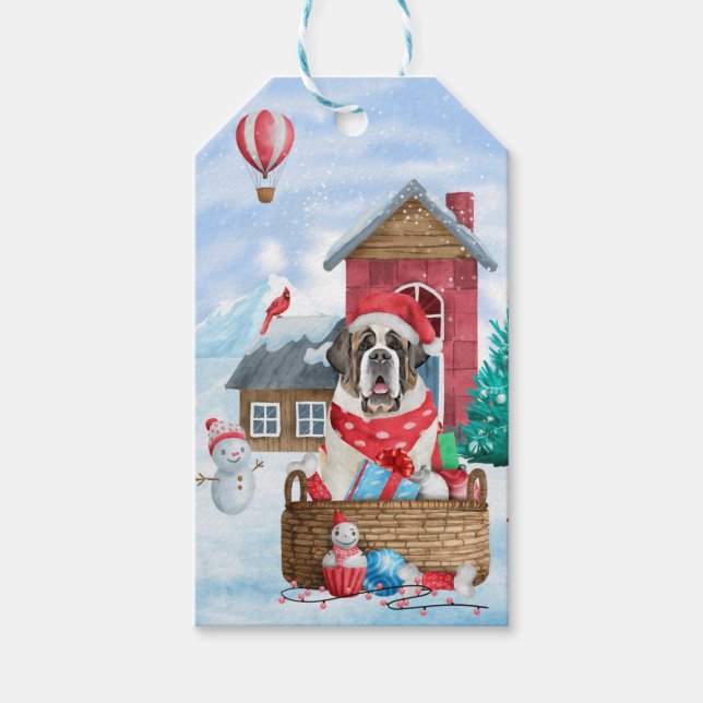 Saint Bernard Hund im Schnee Weihnachtshundehaus Geschenkanhänger (Vorderseite)