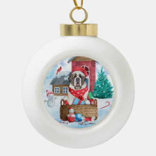Saint Bernard Hund im Schnee Weihnachtshundehaus Keramik Kugel-Ornament