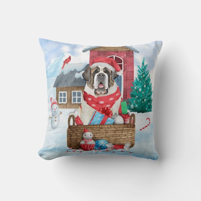 Saint Bernard Hund im Schnee Weihnachtshundehaus Kissen (Vorderseite)