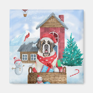 Saint Bernard Hund im Schnee Weihnachtshundehaus Magnet
