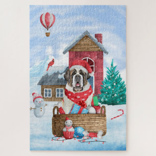 Saint Bernard Hund im Schnee Weihnachtshundehaus Puzzle
