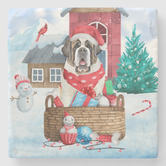 Saint Bernard Hund im Schnee Weihnachtshundehaus Steinuntersetzer (Vorderseite)