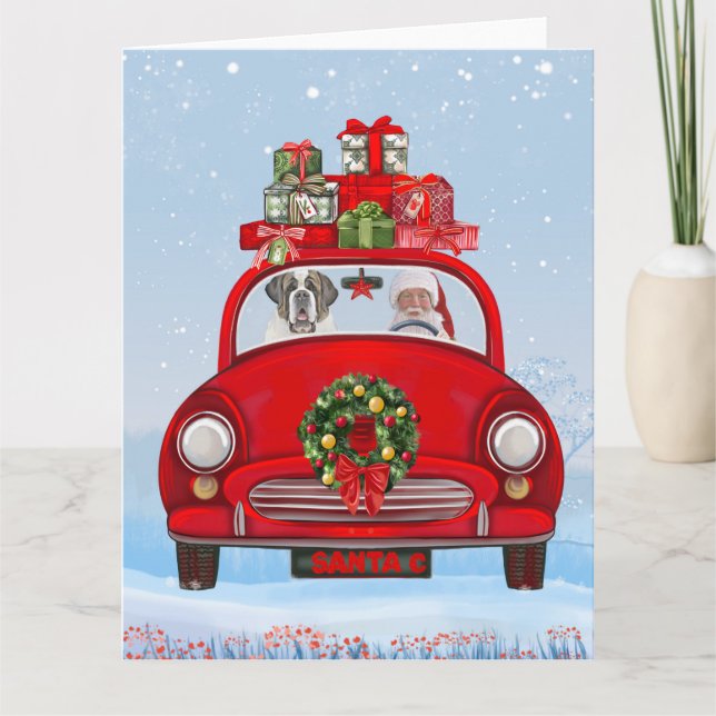 Saint Bernard Hund in Auto mit dem Weihnachtsmann Karte (Vorderseite)