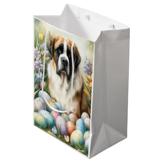 Saint Bernard Hund mit Ostereiern Urlaub Mittlere Geschenktüte (Vorderseite Schrägansicht)