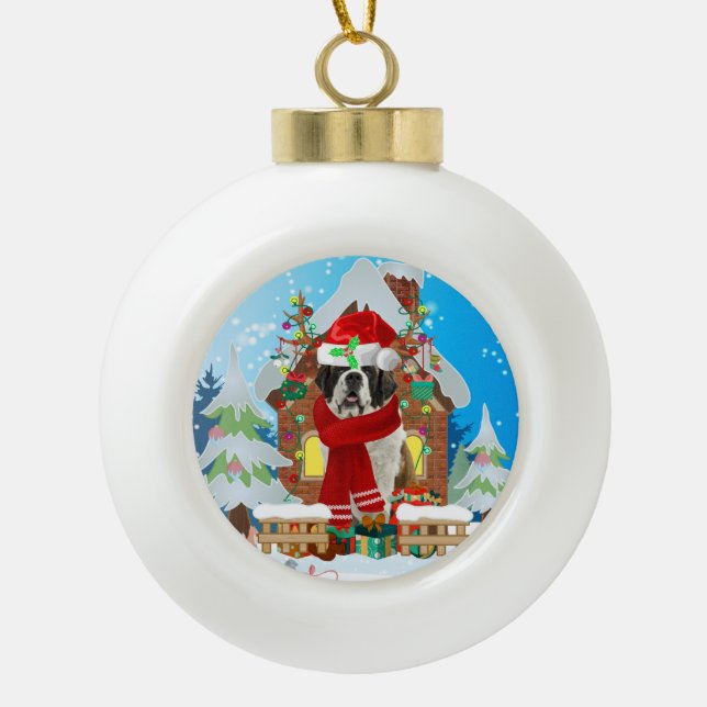 Saint Bernard Hund mit Weihnachtsgeschenken Keramik Kugel-Ornament (Vorderseite)