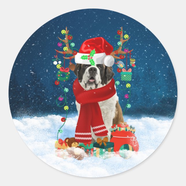 Saint Bernard Hund mit Weihnachtsgeschenken Runder Aufkleber (Vorderseite)