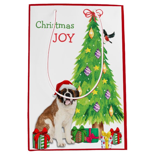 Saint Bernard Hund, Vogel und Weihnachtsbaum Mediu Mittlere Geschenktüte (Vorderseite)