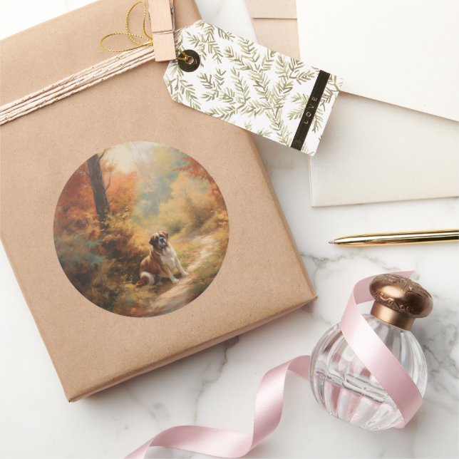 Saint Bernard im Herbst Leaves Fall Inspiriert Runder Aufkleber (Schenken)