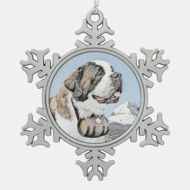 Saint Bernard Malerei - Niedliche Original Hunde K Schneeflocken Zinn-Ornament (Vorderseite)